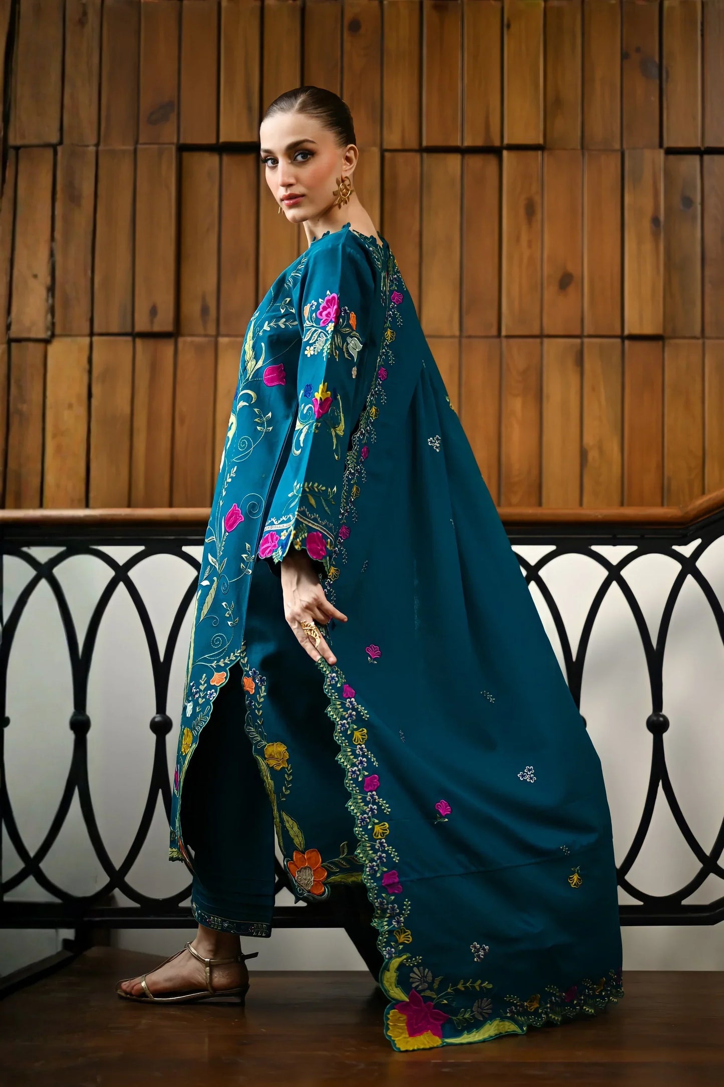 Nisa - 3PC DHANAK EMBROIDERED SHIRT WITH DHANAK EMBROIDERED SHAWL - VL1244