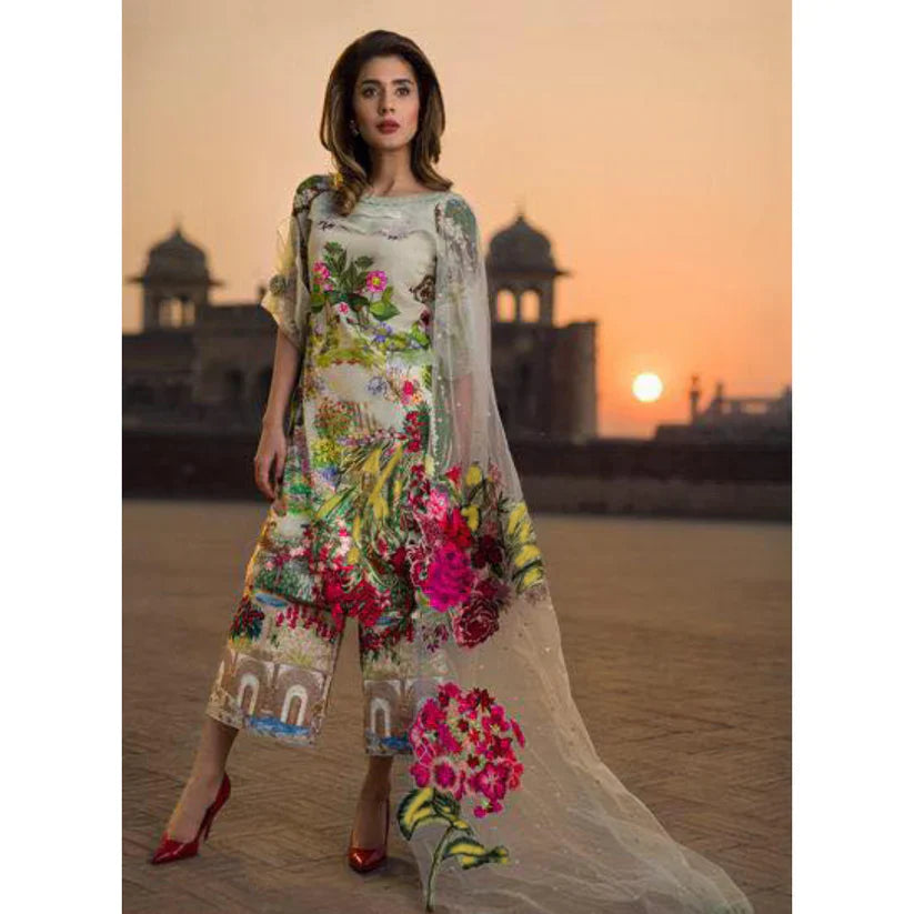 Lawn 3-Pcs Printed Plus Heavy Embroidered With Organza Dupatta. VL759