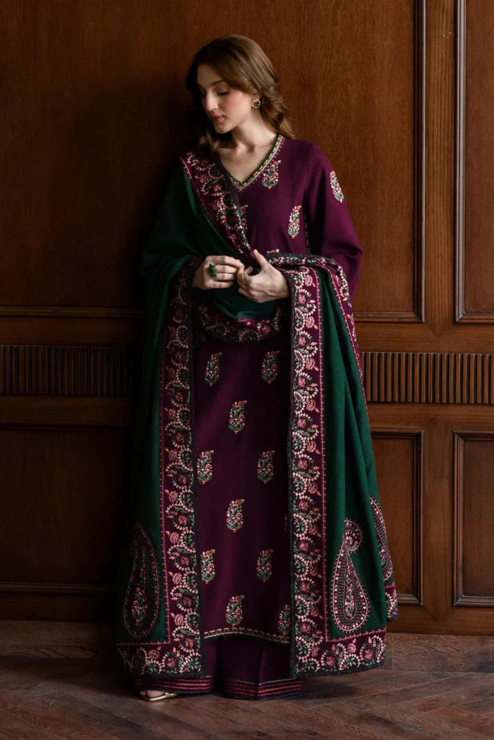 JAZMIN - 3PC DHANAK EMBROIDERED SHIRT WITH DHANAK EMBROIDERED SHAWL AND TROUSER - VL1240