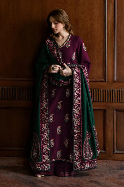 JAZMIN - 3PC DHANAK EMBROIDERED SHIRT WITH DHANAK EMBROIDERED SHAWL AND TROUSER - VL1240
