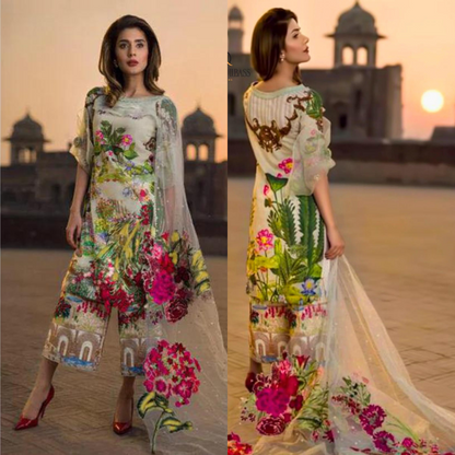 Lawn 3-Pcs Printed Plus Heavy Embroidered With Organza Dupatta. VL759