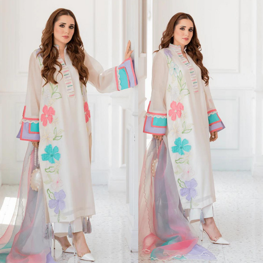 Summer Unstitched 3PCs Embroidered Lawn Dress With Diamond Monar Dyed Dupatta VL828